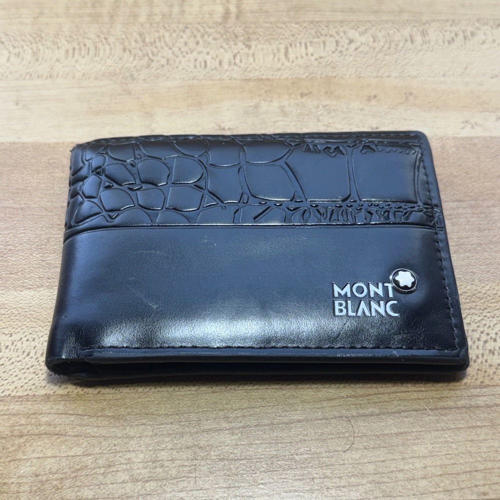 Montblanc Mens Black Leather Bifold Wallet Croc Embossed ID Luxury Accessory